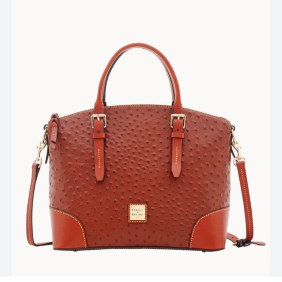 Dooney & Bourke Ostrich Domed Satchel Cognac Shoulder Leather Handbag Purse - Picture 1 of 14